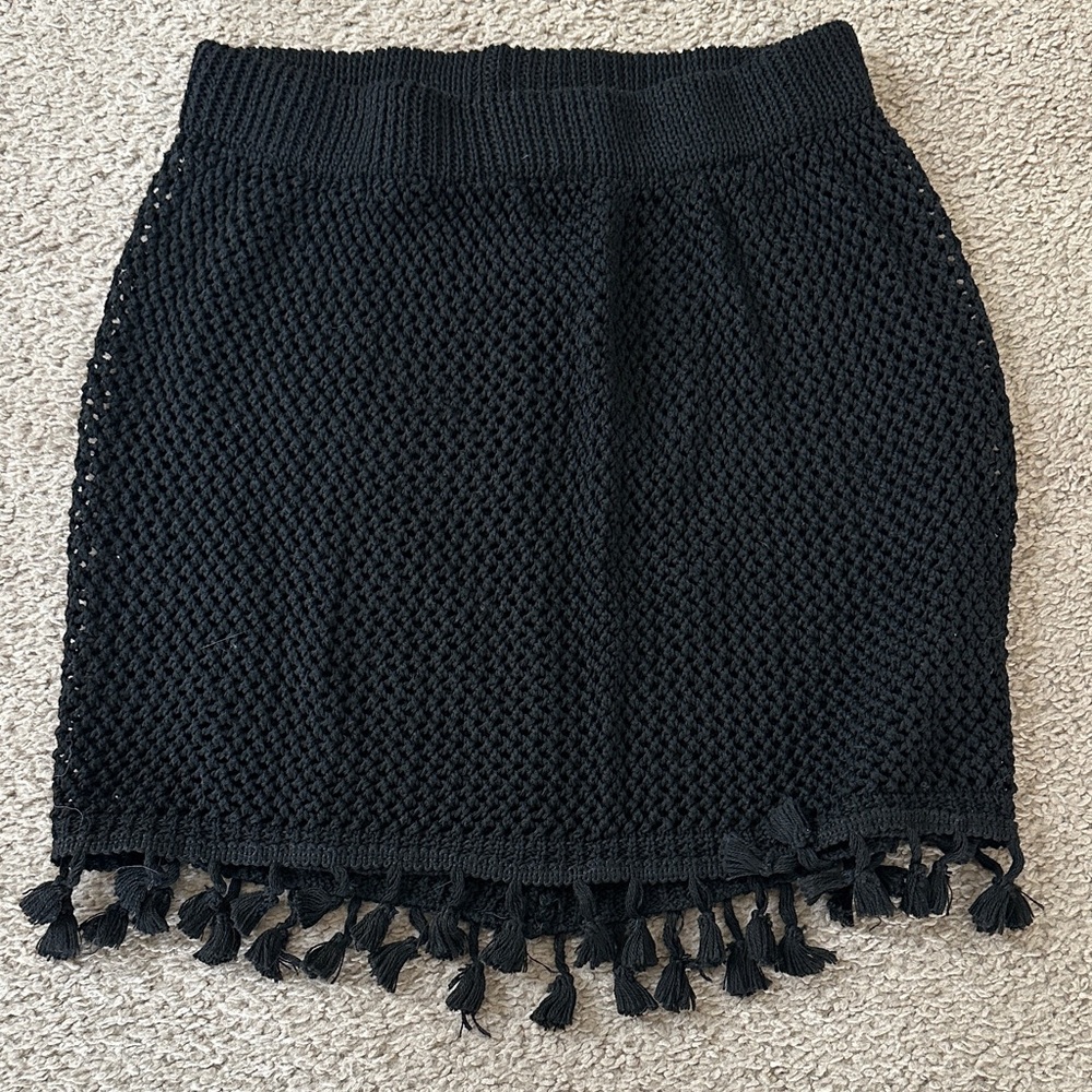 Boho-Chic, Resot-ready Crocheted Black Tassel Cover Up